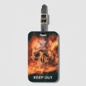 Keep Out. Flaming skull in space ラゲッジタグ (正面縦)