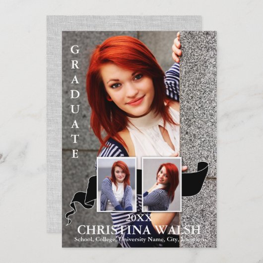 Keepsake 3 Photo Black Ribbon卒業 招待状 (正面/裏面)