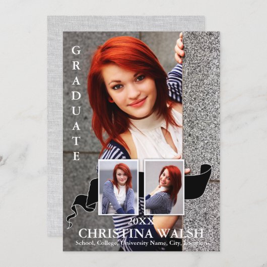 Keepsake 3 Photo Black Ribbon卒業 招待状 (正面/裏面)