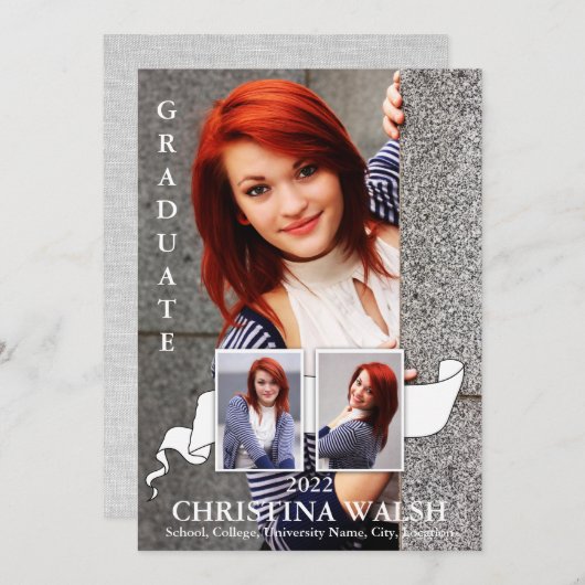 Keepsake 3 Photo White Ribbon卒業 招待状 (正面/裏面)