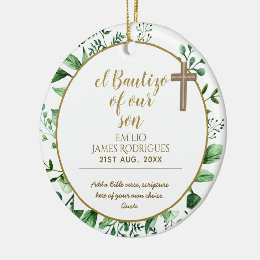 Keepsake Baptism BAUTIZOギフト金ゴールドと聖なる書物、 経典 セラミックオーナメント (左)
