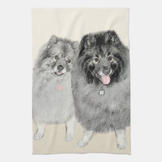 Keeshondのお母さんおよび息子の絵画-元の犬の芸術 キッチンタオル (縦)