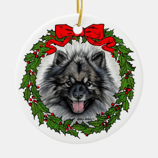 Keeshond Dog Art by Glenda S. Harlan セラミックオーナメント (正面)