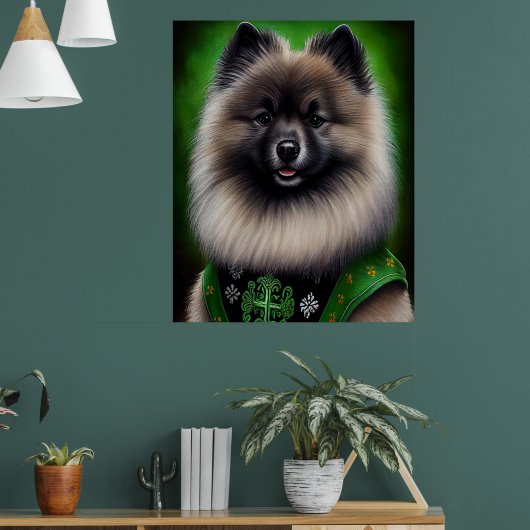 Keeshond Dog in St. Patrick's Day Dress ポスター (リビング1)