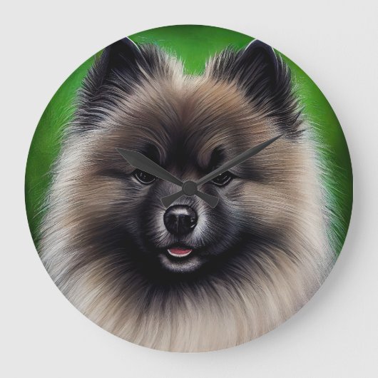 Keeshond Dog in St. Patrick's Day Dress ラージ壁時計 (正面)