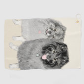 Keeshond Mom and Son's -絵画オリジナルドッグアート ゴルフタオル (横)
