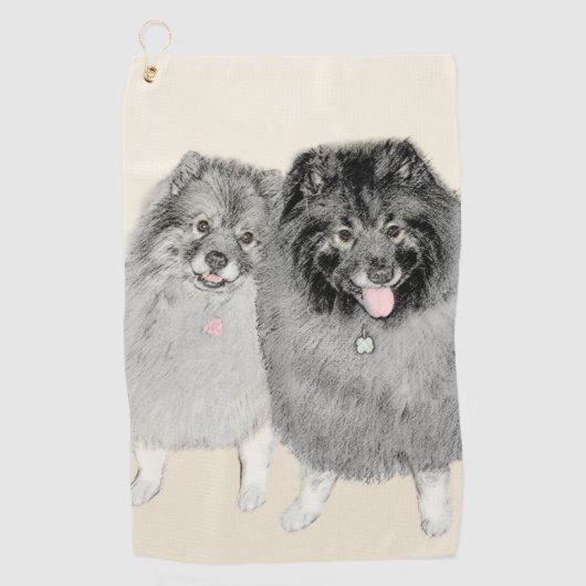 Keeshond Mom and Son's -絵画オリジナルドッグアート ゴルフタオル (正面)