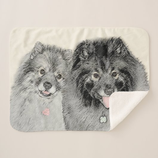 Keeshond Mom and Son's -絵画オリジナルドッグアート シェルパブランケット (正面(横))