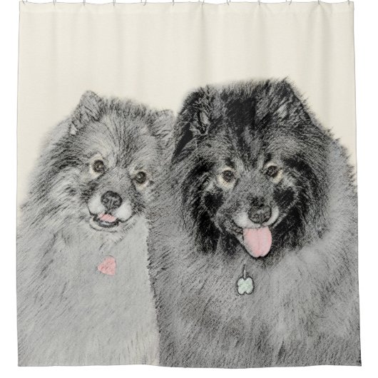 Keeshond Mom and Son's -絵画オリジナルドッグアート シャワーカーテン (正面)