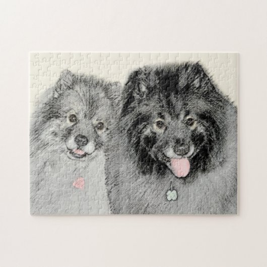 Keeshond Mom and Son's -絵画オリジナルドッグアート ジグソーパズル (横)