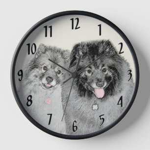 Keeshond Mom and Son's -絵画オリジナルドッグアート 壁時計