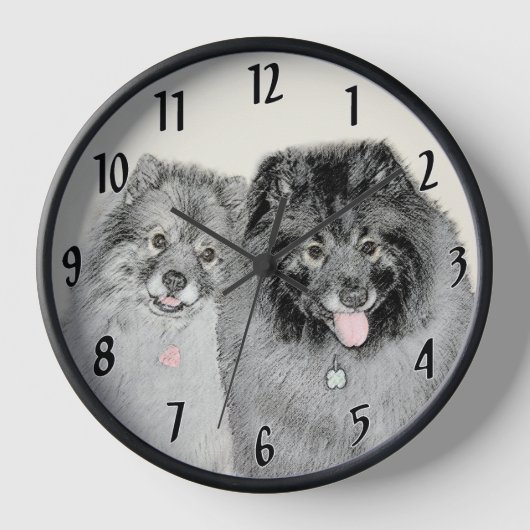 Keeshond Mom and Son's -絵画オリジナルドッグアート 壁時計 (正面)