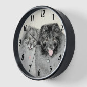 Keeshond Mom and Son's -絵画オリジナルドッグアート 壁時計 (傾斜)