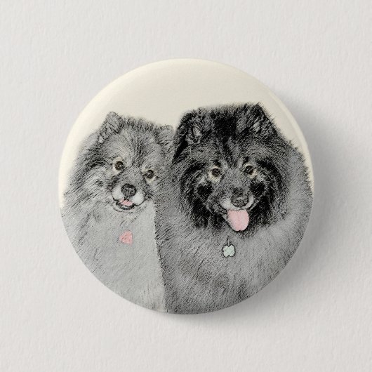 Keeshond Mom and Son's -絵画オリジナルドッグアート 缶バッジ (正面)