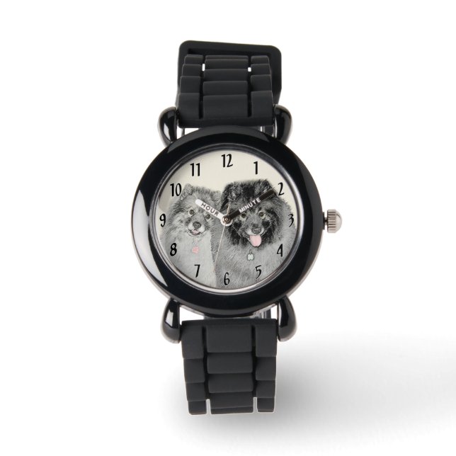 Keeshond Mom and Son's -絵画オリジナルドッグアート 腕時計 (正面)