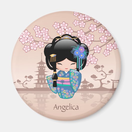 KEIKO KOKESHI人形 – 青い着物芸者ガール マグネット (正面)