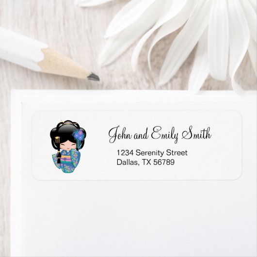 KEIKO KOKESHI人形 – 青い着物芸者ガール ラベル (インサイチュ)