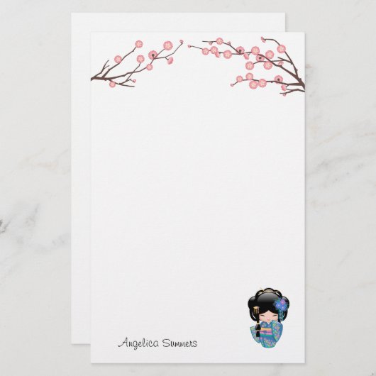 KEIKO KOKESHI人形 – 青い着物芸者ガール 便箋 (正面/裏面)