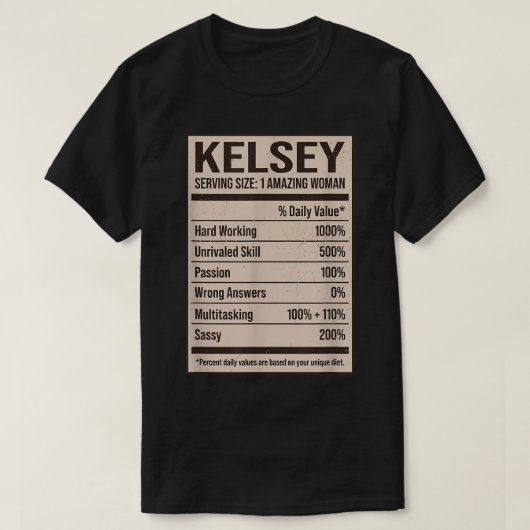 Kelsey Nutrition Facts Name Nickname Alias Title F Tシャツ (デザイン正面)