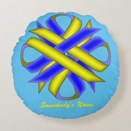 Kenneth Yoncichによるイエローブルークローバーリボン ラウンドクッション (正面)