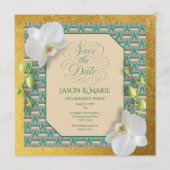 Kente Save the Date Invitation Teal & Gold 招待状 (正面)