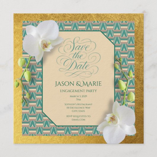 Kente Save the Date Invitation Teal & Gold 招待状 (正面)