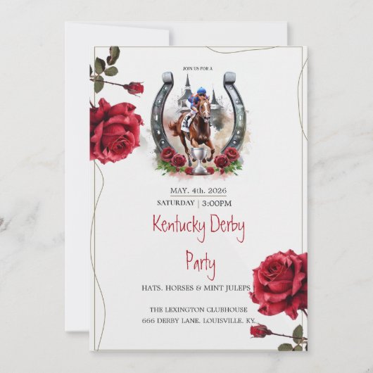 Kentucky Derby Party Invitation Roses Horseshoe Ho 招待状 (正面)