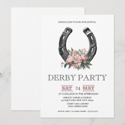 Kentucky Derby Party Invitation Silver Horseshoe P 招待状 (正面/裏面)
