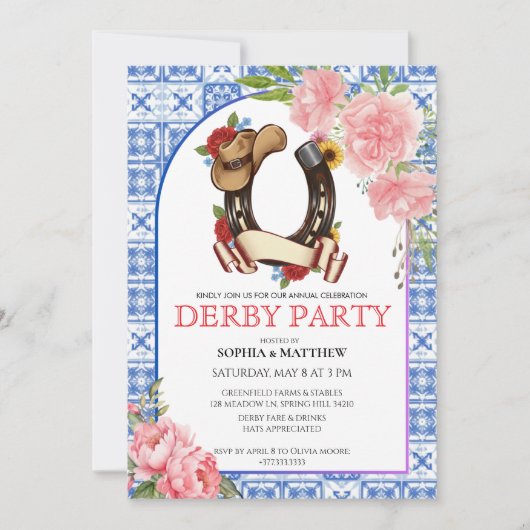 Kentucky Derby Wedding Invitation Floral Blue 招待状 (正面)
