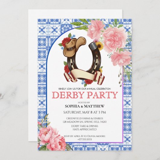 Kentucky Derby Wedding Invitation Floral Blue 招待状 (正面/裏面)
