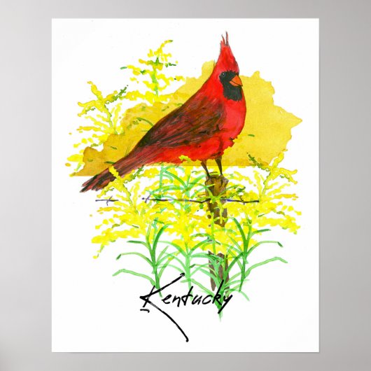 Kentucky State Shape Cardinal Bird Goldenrod ポスター (正面)
