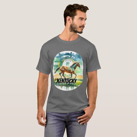 Kentucky Thoroughbred Horse State Animal Watercolo Tシャツ (正面フル)