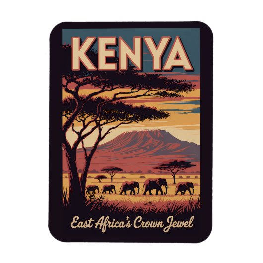Kenya Elephants Illustration Travel Art Vintage マグネット (縦)