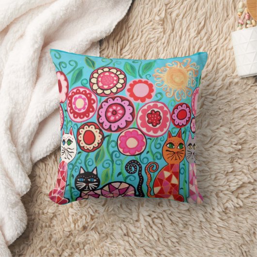 Kerri Ambrosinoの枕芸術によっては猫の日曜日の赤が開花します クッション (ブランケット)