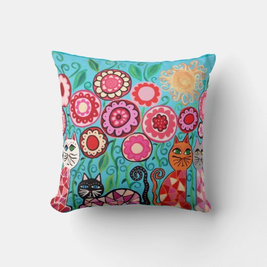 Kerri Ambrosinoの枕芸術によっては猫の日曜日の赤が開花します クッション (正面)