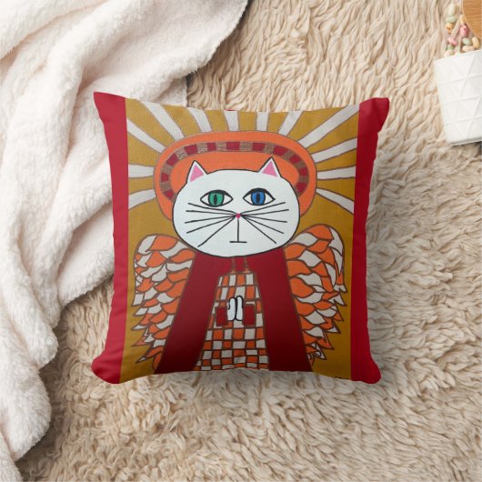 Kerri Ambrosinoの芸術の枕猫の天使の赤の金ゴールド クッション (ブランケット)