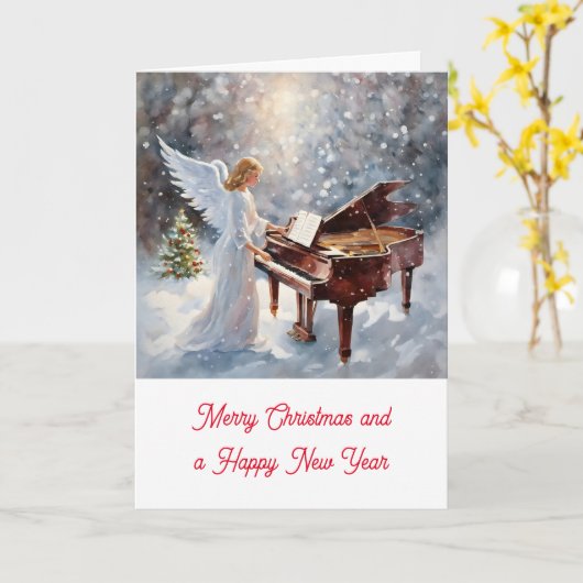 Kerstengel achter de piano カード (黄色い花)