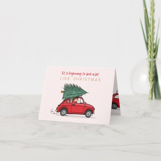 Kerstkaart Fiat 500 rood met kerstboom カード (正面)