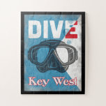Key West Vintage Scuba Diving Mask ジグソーパズル<br><div class="desc">Key West Florida vintage scuba mask travel poster design. A blue and white diver down flag background with a retro scuba mask and word "Dive" at the top.</div>
