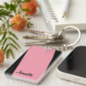 Keychainは、長方形の倍ストライプピンクの味方しました キーホルダー (正面右)