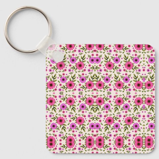 Keychain featuring a repetitive pink floral  キーホルダー (正面)