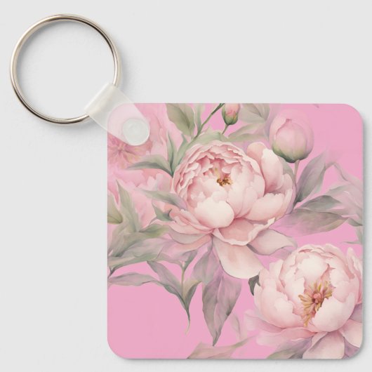  Keychains Pink Peonies, Pretty Garden Flowers キーホルダー (正面)