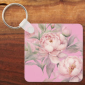  Keychains Pink Peonies, Pretty Garden Flowers キーホルダー (正面)