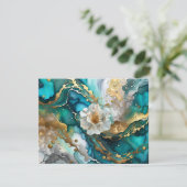 KHS抽象芸術ブルーおよび金ゴールドフローラグリーティングカード サンキューカード (スタンド正面)