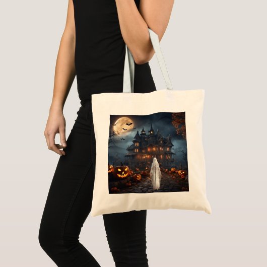 KHS Halloween Haunted House with Ghost Tote Bag トートバッグ (正面(商品))
