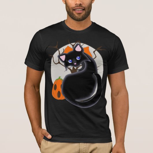 Kiaraの漫画の子猫の黒猫の月の木のワイシャツ Tシャツ (正面)