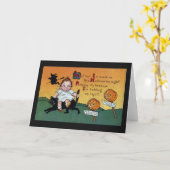 Kid on CatとJOL Signpostsヴィンテージハロウィーン カード (黄色い花)