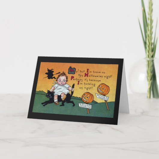 Kid on CatとJOL Signpostsヴィンテージハロウィーン カード (正面)