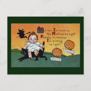 Kid on CatとJOL Signpostsヴィンテージハロウィーン ポストカード