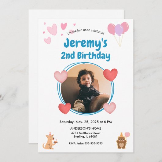 Kid Photoの第2の誕生日招待状 招待状 (正面/裏面)